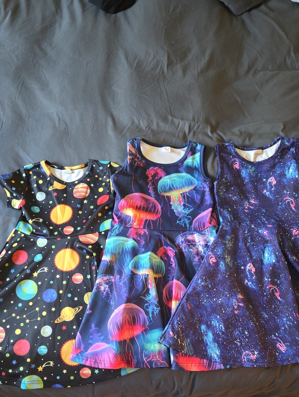 Kids Neon Jellyfish, Galaxy And Planets Dress - Black & Multicolor
